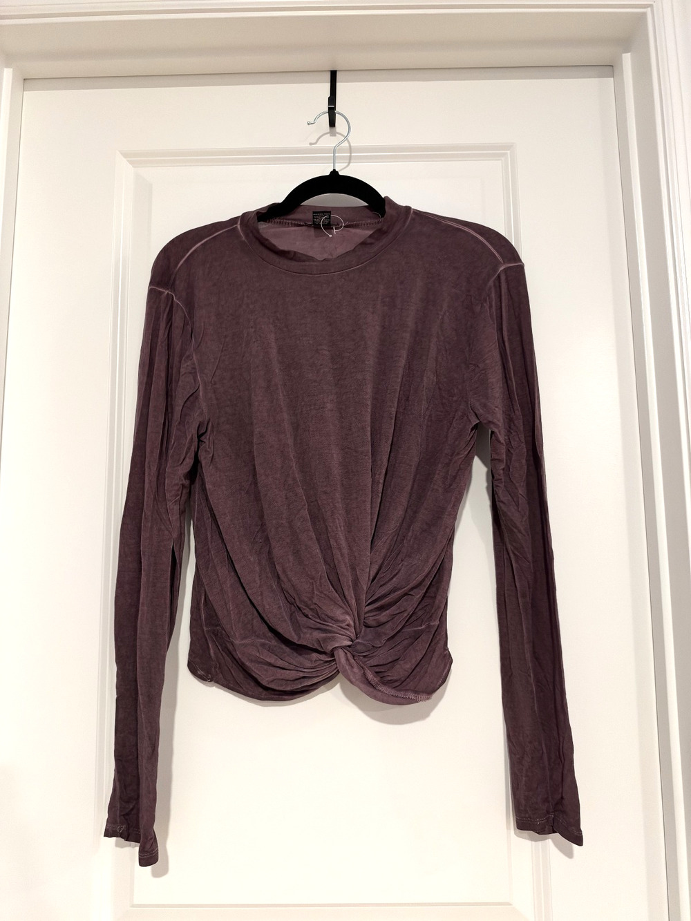 rue21 Y2K Mock Neck Womens Size XL Plum Acid Wash Twist Front Long Sleeve Top